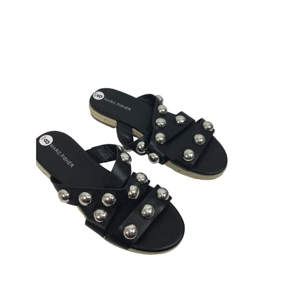 Marc Fisher Prisca Espadrille Silver Studded Slip On Slides Sandals Black Size 8